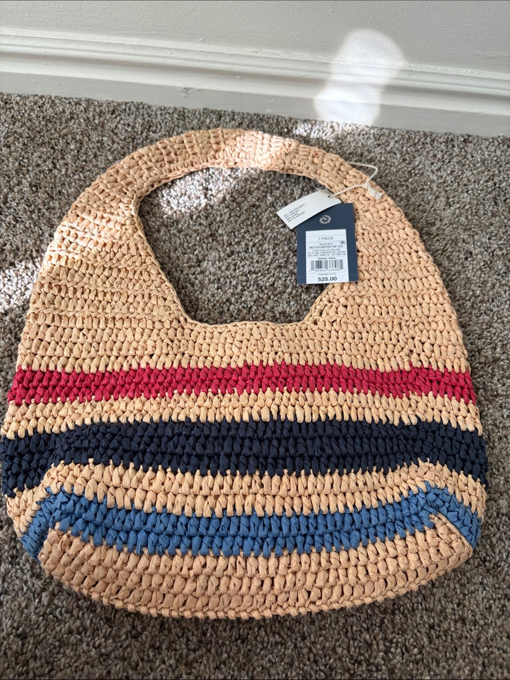 Striped Woven Straw Tote Bag - Beige with Pink, Navy & Blue Accents
